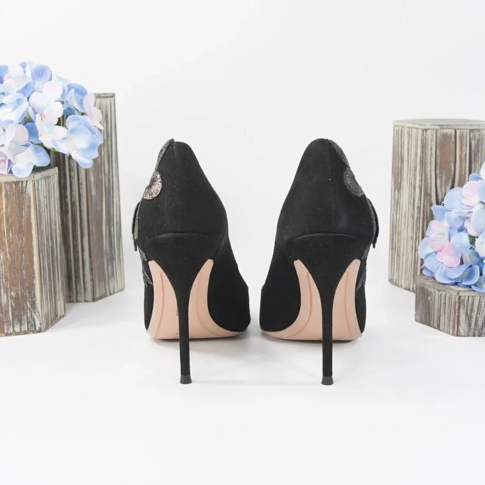 Sophia Webster Black Floral Applique Suede Heels - Picture 6 of 8
